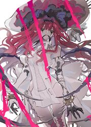  baobhan_sith_(fate) baobhan_sith_(third_ascension)_(fate) bare_shoulders boots bracelet breasts cross-laced_clothes cross-laced_dress detached_sleeves dress facial_mark fate/grand_order fate_(series) female gag grey_eyes hair_ornament hat highres jewelry long_hair looking_at_viewer mimulishizi pink_hair pointy_ears revealing_clothes sidelocks solo spiked_bracelet spikes thigh_boots white_background white_dress white_hat 