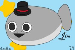  2024 3:2 big_eyes black_eyes blue_background clothing colored digital_media_(artwork) fish flat_colors grey_body hat headgear headwear jawless_fish jim_(reathe) male marine open_mouth reathe sacabambaspis signature simple_background smile solo star top_hat 