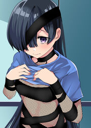  absurdres arts_shirt bandage_over_one_eye black_bandages black_hair blush bodysuit breasts clothes_lift eyepatch fate/grand_order fate_(series) female fishnet_bodysuit fishnets hair_over_one_eye highres long_hair looking_at_viewer mochizuki_chiyome_(fate) purple_eyes shirt_lift small_breasts solo tanuki_(siutkm0228) upper_body very_long_hair 