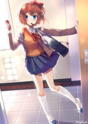  absurdres artist_name bag bag_charm blazer blue_eyes blue_skirt blush bob_cut bow breasts brown_hair brown_sweater_vest candy charm_(object) chocolate commentary doki_doki_literature_club door dress_shirt eating english_commentary female floating_hair food food_in_mouth full_body grey_jacket hairbow highres holding holding_bag holding_candy holding_chocolate holding_food indoors jacket kitkat kneehighs leaning_to_the_side long_sleeves looking_at_viewer making-of_available mouth_hold neck_ribbon off_shoulder open_clothes open_door open_jacket orange_vest parquet_floor pleated_skirt raised_eyebrows red_bow red_ribbon ribbon sayori_(doki_doki_literature_club) school_bag school_uniform shirt shoes short_hair signature skirt small_breasts socks solo standing standing_on_one_leg sweater_vest takuyarawr tile_floor tiles uwabaki vest white_shirt white_socks wide-eyed window wing_collar wooden_floor 