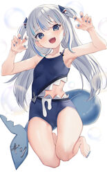  adapted_costume armpits barefoot blue_eyes blue_hair blue_nails blue_one-piece_swimsuit blunt_bangs breasts casual_one-piece_swimsuit claw_pose covered_nipples curled_fingers female fins fish_tail gawr_gura gawr_gura_(1st_costume) grey_hair hair_ornament highres hololive hololive_english kanae_(inorin05kanae) long_hair looking_at_viewer meme_attire multicolored_hair nail_polish one-piece_swimsuit shark_girl shark_hair_ornament shark_tail sharkini sharp_teeth small_breasts solo streaked_hair swimsuit tail teeth thigh_gap toenail_polish toenails two_side_up virtual_youtuber 