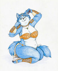  2017 anthro bandeau bigladydragon bottomwear breasts canid canine cleavage clothed clothing female fox krystal_(star_fox) loincloth mammal nintendo overweight solo star_fox topwear traditional_media_(artwork) 