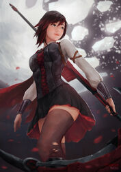  artstation_username black_skirt brown_eyes brown_hair brown_thighhighs bustier cheesewoo closed_mouth crescent_rose female from_below gradient_hair highres holding holding_scythe long_sleeves miniskirt multicolored_hair petals pleated_skirt red_hair ruby_rose rwby scythe shirt short_hair skirt solo standing thighhighs torn_clothes torn_thighhighs white_shirt zettai_ryouiki 