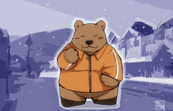  2016 anthro bear blush bottomless brown_body brown_fur closed_eyes clothed clothing coat detailed_background featureless_crotch fur kemono male mammal outside overweight overweight_anthro overweight_male politics_bear_(undertale) smile snow snow_utamaru solo standing text topwear undertale undertale_(series) 