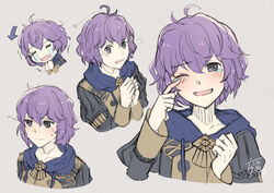  ahoge bernadetta_von_varley blush commentary_request crying female fire_emblem fire_emblem:_three_houses garreg_mach_monastery_uniform grey_background grey_eyes hood multiple_views portrait purple_hair signature smile streaming_tears tarayuki tears upper_body wiping_tears 