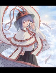  above_clouds animal bad_id bad_twitter_id black_hat black_skirt blue_hair blue_sky bow capelet cloud female fish frilled_capelet frilled_shawl frilled_sleeves frills hagoromo hat hat_bow hat_ribbon letterboxed long_sleeves nagae_iku oarfish ookashippo outdoors ribbon shawl shirt skirt sky solo touhou white_shirt 