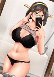  black_bra black_hair black_panties bra breasts cellphone clothes_lift commentary_request female glasses green-framed_eyewear grey_eyes grey_tank_top hairband headgear highres holding holding_phone indoors kantai_collection kirishima_(kancolle) kirishima_kai_ni_(kancolle) large_breasts mirror navel panties phone selfie shirt_lift short_hair smartphone solo standing tadokoro_nurikabe tank_top underwear 