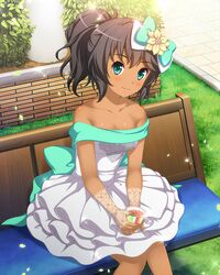  absurdres aqua_bow bad_id bad_pixiv_id bare_shoulders bench blue_eyes bow breasts brown_hair commentary cup dark-skinned_female dark_skin day dress female flower gloves grass green_eyes hair_flower hair_ornament hairbow highres idol_wars_z lace lace_gloves off-shoulder_dress off_shoulder outdoors ponytail sitting small_breasts solo third-party_source white_dress 