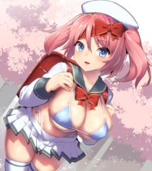  ayagi_daifuku backpack bag bikini blue_bikini blue_eyes blush bow bowtie breasts cherry_blossoms cleavage dutch_angle female hair_ribbon hat highleg highleg_bikini large_breasts looking_at_viewer microskirt open_mouth original pink_hair pleated_skirt randoseru ribbon school_uniform serafuku short_hair side-tie_bikini_bottom skirt smile solo swimsuit thighhighs twintails white_thighhighs 