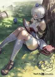  absurdres animal_on_head bandaged_leg bandages bare_shoulders belt bird bird_on_head book book_stack breasts commentary_request copyright_name dark-skinned_female dark_skin detached_sleeves dress female gesoking hair_between_eyes highres long_sleeves nier_(series) nier_reincarnation noelle_(nier) official_art on_head outdoors reading red_eyes sandals short_hair solo toes tree under_tree 