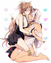  2girls amazuki_jou animal_ears arm_around_waist azur_lane barefoot black_dress black_gloves body_markings breasts brown_hair cat_ears cat_tail center_opening closed_eyes cocktail_dress commentary_request dark-skinned_female dark_skin dress evening_gown extra_ears facial_mark forehead_mark gloves gold_bracelet gold_choker grey_hair half_gloves half_updo halter_dress halterneck heart high-waist_sideboob highres holding_hands interlocked_fingers jean_bart_(azur_lane) jean_bart_(uninhibited_bloodstone)_(azur_lane) jewelry kemonomimi_mode kneeling licking light_brown_hair long_hair looking_at_another massachusetts_(azur_lane) massachusetts_(dressed_to_impress)_(azur_lane) medium_breasts multiple_girls necklace official_alternate_costume on_lap one_eye_closed ponytail red_eyes short_dress side_slit sitting sweatdrop tail tail_ornament tail_ring thighlet wariza white_background white_hair yuri 