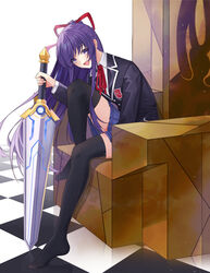  :d absurdres black_jacket black_thighhighs blue_skirt blush checkered_floor collared_shirt date_a_live female floating_hair hair_ribbon highres holding holding_sword holding_weapon jacket long_hair long_sleeves looking_at_viewer miniskirt myeongdo neck_ribbon open_mouth pleated_skirt ponytail purple_eyes purple_hair raizen_high_school_uniform red_ribbon ribbon school_uniform shirt sitting skirt smile solo sword thighhighs very_long_hair weapon white_shirt wing_collar yatogami_tooka zettai_ryouiki 