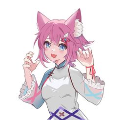  alicia_cotton animal_ear_fluff animal_ears blue_eyes cat_girl commentary female foxx_(rftx8228) hair_between_eyes hair_ornament indie_virtual_youtuber long_sleeves mixed-language_commentary oerba_yun_fang open_mouth pink_hair short_hair short_ponytail skin_fang solo upper_body vietnamese_commentary vietnamese_dress virtual_youtuber white_background wing_hair_ornament 