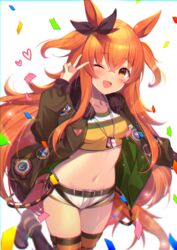  ;d animal_ears belt black_thighhighs blurry breasts brown_jacket collarbone commentary_request confetti crop_top dog_tags female fur_trim hair_ribbon hand_up homaderi horse_ears horse_girl horse_tail jacket leg_up long_hair long_sleeves looking_at_viewer mayano_top_gun_(umamusume) micro_shorts midriff navel one_eye_closed open_clothes open_jacket open_mouth orange_eyes orange_hair ribbon shirt shoes short_shorts shorts simple_background small_breasts smile solo stomach tail thighhighs thighs two_side_up umamusume v very_long_hair white_background white_shorts yellow_shirt 