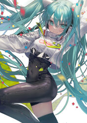  6665_roku aqua_eyes aqua_hair black_bodysuit black_thighhighs blush bodysuit closed_mouth clothes_writing commentary confetti covered_navel crop_top crop_top_overhang female flame_print goodsmile_company goodsmile_racing hair_between_eyes hatsune_miku highres leg_up logo long_hair long_sleeves looking_at_viewer racing_miku racing_miku_(2022) simple_background single_thighhigh skin_tight smile smiley_face solo standing standing_on_one_leg thighhighs twintails very_long_hair vocaloid white_background 