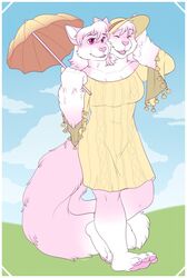  2_heads anthro avoid_posting barefoot clothing domestic_cat dress feet felid feline felis female grass hat headgear headwear hi_res klotzzilla mammal multi_head multi_tail outside pawpads plant plantigrade sky solo tail umbrella walking 