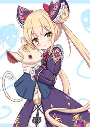  absurdres blonde_hair blue_background blush bow brown_eyes closed_mouth commentary_request double_bun dress female ghost hair_bun hairbow highres holding holding_stuffed_toy jiu_(sdesd3205) long_hair long_sleeves looking_at_viewer luna_(shadowverse) purple_dress red_bow shadowverse smile solo stuffed_animal stuffed_dog stuffed_toy twintails two-tone_background very_long_hair white_background 