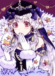  absurdres akamaru_saasha bare_shoulders black_hat blush bow commentary_request covering_own_mouth female fire_emblem fire_emblem:_three_houses gloves hand_over_own_mouth hat hat_bow highres long_hair lysithea_von_ordelia lysithea_von_ordelia_(a_new_future) official_alternate_costume purple_bow red_eyes solo upper_body white_gloves white_hair 