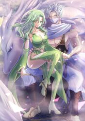  1boy absurdres allymidorikawa boots breasts cape cleavage detached_sleeves edward_geraldine female final_fantasy final_fantasy_iv green_eyes green_footwear green_hair green_nails highres holding holding_hands holding_whip large_breasts long_hair mask mist_dragon open_mouth rydia_(ff4) sitting sitting_on_lap sitting_on_person thigh_boots whip 