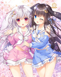  2girls :o ;d ameto_yuki animal_ears artist_name black_hair blanc_(ameto_yuki) blue_eyes blue_ribbon blue_shirt blue_skirt blue_sleeves blurry blurry_background blush bow bowtie breasts cherry_blossoms collarbone commentary_request crescent crescent_hair_ornament depth_of_field detached_sleeves flower frilled_sailor_collar frilled_skirt frills grey_hair hair_flower hair_ornament hair_ribbon hand_on_another&#039;s_shoulder has_bad_revision has_watermarked_revision heart heart_hair_ornament highres long_hair long_sleeves md5_mismatch medium_breasts midriff_peek multiple_girls navel noir_(ameto_yuki) one_eye_closed one_side_up open_mouth original pink_flower pink_shirt pink_skirt pink_sleeves pleated_skirt rabbit_ears rabbit_girl rabbit_tail red_eyes ribbon sailor_collar school_uniform serafuku shirt skirt sleeveless sleeveless_shirt smile standing star_(symbol) tail very_long_hair white_bow white_bowtie white_sailor_collar 