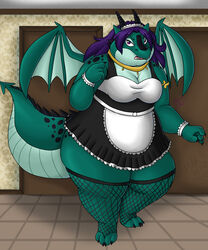  2017 5:6 anthro big_breasts bigladydragon black_body black_scales bracelet breasts charlotte_(lilbluefoxie) cleavage clothed clothing collar curvy_figure detailed_background dragon facial_scales female green_body hair horn inside jewelry legwear maid_uniform markings mythological_creature mythological_scalie mythology overweight overweight_anthro overweight_female purple_hair red_eyes scales scalie solo spots spotted_body tail thick_thighs thigh_highs uniform voluptuous wings 