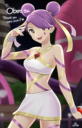  :d absurdres blurry blurry_background commission commissioner_upload cowboy_shot diamond_(shape) double_bun female gem hair_bun hair_ribbon hand_up highres holding holding_poke_ball looking_at_viewer night non-web_source open_mouth outdoors poke_ball poke_ball_(basic) pokemon pokemon_battle_revolution purple_hair purple_ribbon red_gemstone ribbon sashay_(pokemon) skirt smile solo suika_aji swept_bangs thank_you tongue white_skirt wristband yellow_eyes yellow_ribbon 