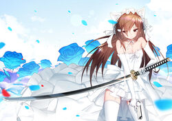  animal_ears bai_yemeng brown_eyes brown_hair gun katana long_hair sword tagme_(character) thighhighs weapon wedding_attire 