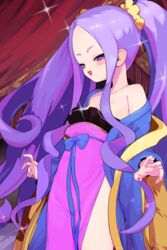  bare_shoulders breasts chinese_clothes dress fate/grand_order fate_(series) female forehead hair_ornament hair_scrunchie hanfu highres long_hair long_sleeves looking_at_viewer mightyjump98 off_shoulder open_mouth parted_bangs pelvic_curtain purple_dress purple_eyes purple_hair qixiong_ruqun scrunchie shawl sidelocks small_breasts smile solo sparkle thighs twintails very_long_hair wide_sleeves wu_zetian_(fate) yellow_scrunchie 