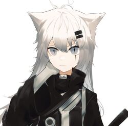  :3 antenna_hair arknights black_jacket blue_eyes female grey_hair hair_ornament hairclip hand_on_own_face hand_up highres jacket lappland_(arknights) long_hair long_sleeves looking_at_viewer messy_hair runamonet scar scar_across_eye simple_background slit_pupils solo upper_body white_background wide_sleeves 