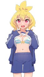  blonde_hair blue_jacket blue_shorts blush borrowed_character bow bow_bra bra breasts cleavage clothes_lift female gym_shirt gym_shorts gym_uniform hair_between_eyes hands_up highres jacket kurumi-chan_(oomata) lifting_own_clothes long_sleeves medium_breasts navel open_clothes open_jacket open_mouth original owasaki puffy_long_sleeves puffy_sleeves red_eyes shirt shirt_lift shorts simple_background sleeves_past_wrists solo standing striped_bra striped_clothes teeth track_jacket underwear upper_teeth_only white_background white_shirt 