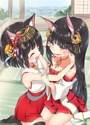  2girls absurdres animal_ear_fluff animal_ears azur_lane bare_shoulders black_hair black_legwear cheek_pinching cheek_pull closed_eyes fox_ears fox_girl happy highres hime_cut japanese_clothes kimono multiple_girls mutsu_(azur_lane) nagato_(azur_lane) nyusann open_mouth pinching short_hair skirt sleeveless sleeveless_kimono smile thighhighs white_sleeves 