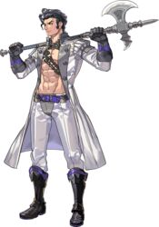  1boy abs axe balthus_von_albrecht black_hair boots brown_eyes fire_emblem fire_emblem:_three_houses full_body garreg_mach_monastery_uniform gloves kurahana_chinatsu male_focus navel official_art open_clothes open_shirt solo tachi-e transparent_background 