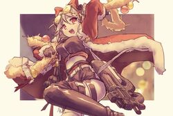  :d arigatoner black_shorts boots breasts bullpup christmas coat commentary_request double_bun eyewear_on_head female fur-trimmed_coat fur_trim garland_(decoration) girls&#039;_frontline gloves gun hair_between_eyes hair_bun hair_ornament large_breasts leg_up looking_at_viewer midriff official_alternate_costume open_mouth p90 p90_(girls&#039;_frontline) p90_(scarlet_turbo)_(girls&#039;_frontline) red_coat red_eyes shorts smile solo star_(symbol) star_hair_ornament submachine_gun sunglasses thigh_boots weapon 