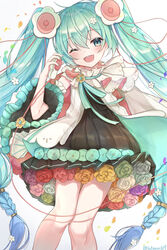  absurdres aqua_flower aqua_rose black_dress black_skirt blue_flower blue_hair blue_rose braid cable cape commentary cowboy_shot detached_sleeves dress female flower flower_underskirt gradient_hair green_flower green_rose hair_flower hair_ornament hair_tie hatsune_miku highres light_blush long_hair looking_at_viewer magical_mirai_(vocaloid) magical_mirai_miku magical_mirai_miku_(2021) medallion microphone miniskirt multicolored_hair noneon319 one_eye_closed open_mouth orange_flower orange_rose petals pink_flower pink_rose pleated_skirt purple_flower purple_rose rainbow_order red_flower red_rose rose skirt sleeveless sleeveless_dress smile solo twin_braids twintails twitter_username very_long_hair vocaloid white_background white_flower white_rose wide_sleeves yellow_flower yellow_rose 