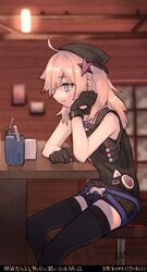  aa-12_(girls&#039;_frontline) ahoge arigatoner arm_on_table bags_under_eyes bar_stool black_gloves black_shirt black_thighhighs blonde_hair blue_eyes buckle commentary_request female from_side girls&#039;_frontline gloves hair_ornament hat head_rest highres indoors long_hair radio shirt shorts sleeveless sleeveless_shirt smile snap-fit_buckle solo star_(symbol) star_hair_ornament stool thighhighs translation_request 