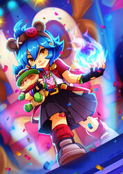  animal_ears annie-versary annie_(league_of_legends) artist_name bandaid bandaid_on_leg bear_ears black_gloves black_skirt blue_hair bow buttons cosplay fake_animal_ears female fingerless_gloves fire gloves hair_between_eyes jacket league_of_legends lolicon magic medium_hair open_clothes open_jacket pink_bow pleated_skirt red_jacket red_shirt shirt skirt smile solo teemo teemo_(cosplay) tibbers vmat 