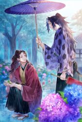  2boys absurdres black_hair black_hakama blue_flower brothers earrings eye_contact flower frog hakama hakama_skirt hanafuda high_ponytail highres holding holding_umbrella hydrangea japanese_clothes jewelry kimetsu_no_yaiba kimono long_hair long_sleeves looking_at_another looking_back male_focus md5_mismatch multiple_boys oil-paper_umbrella outdoors oyumai pink_flower purple_umbrella rain red_umbrella resolution_mismatch shared_umbrella siblings skirt source_smaller squatting standing tabi tsugikuni_michikatsu tsugikuni_yoriichi twins umbrella very_long_hair white_legwear yellow_kimono 