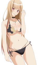  absurdres bad_id bad_pixiv_id bikini black_bikini black_choker blonde_hair breasts choker cleavage commentary_request female fingernails floral_print groin hateri highres kitagawa_marin long_fingernails long_hair nail_polish navel neck_ribbon print_bikini red_eyes ribbon side-tie_bikini_bottom skindentation solo sono_bisque_doll_wa_koi_wo_suru swimsuit thighs white_background 