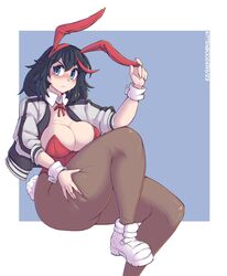  absurdres animal_ears black_hair blue_eyes blush breasts deep_skin female fingernails highres jacket kill_la_kill kittenboogers leotard matoi_ryuuko medium_breasts medium_hair playboy_bunny rabbit_ears rabbit_tail red_leotard shoes simple_background skindentation sneakers solo tail thick_thighs thighs 