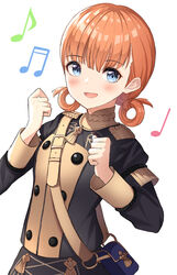  absurdres annette_fantine_dominic bag blue_eyes blush commentary_request epaulettes female fire_emblem fire_emblem:_three_houses garreg_mach_monastery_uniform hako_momiji highres musical_note open_mouth orange_hair solo twintails white_background 