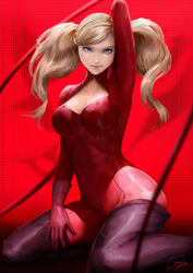  arm_up artstation_username blonde_hair blue_eyes bodysuit boots breasts cheesewoo cleavage cleavage_cutout clothing_cutout female floating_hair gloves highres long_hair looking_at_viewer medium_breasts persona persona_5 pink_gloves purple_footwear red_background red_bodysuit signature sitting smile smug solo swept_bangs takamaki_anne thigh_boots thighhighs twintails 