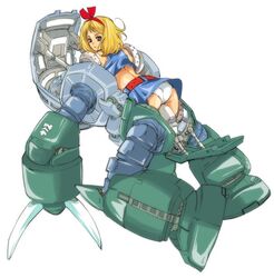  aged_up ass back belt bent_over blonde_hair blue_skirt bow commentary_request female grey_eyes gundam hairbow kikka_kitamoto looking_at_viewer looking_back mecha medium_hair midriff miniskirt mobile_suit_gundam panties pantyshot red_belt red_bow redesign robot simple_background skirt solo tamakoshi_horiyuki underwear upskirt white_background white_panties z&#039;gok 