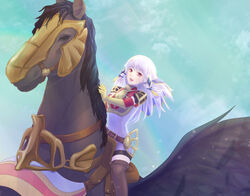  alternate_costume belt boots cloud commentary_request feathered_wings female fire_emblem fire_emblem:_three_houses gloves highres long_hair lysithea_von_ordelia open_mouth pegasus purple_eyes riou_(pooh920) sky solo teeth thighhighs white_hair wings 