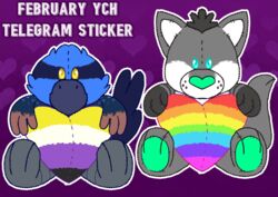  ambiguous_gender anthro avian blue_eyes canid canine cawbaret duo english_text heart_symbol hi_res holidays lgbt_pride mammal nude plushie pride_colors text valentine&#039;s_day yellow_eyes 