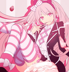  aokiku bow cake collared_shirt danganronpa eyebrows_visible_through_hair fake_horns female food food_on_face fork frilled_sleeves frills fruit hairband hairbow head_tilt highres horns icing jacket leg_up long_hair long_sleeves open_clothes open_jacket pastry_bag pink_eyes pink_hair polka_dot polka_dot_bow shirt smile solo strawberry striped striped_background striped_legwear thighhighs twintails utensil_in_mouth utsugi_kotoko very_long_hair zettai_zetsubou_shoujo 