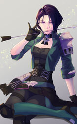  arrow_(projectile) black_gloves black_hair black_pants blue_eyes boots breasts cleavage closed_mouth commentary_request female fire_emblem fire_emblem:_three_houses gloves green_footwear green_jacket grey_background hair_between_eyes highres holding holding_arrow jacket knee_boots looking_at_viewer md5_mismatch medium_breasts open_clothes open_jacket pants resolution_mismatch riou_(pooh920) shamir_nevrand short_hair sitting sleeves_rolled_up smile solo source_smaller 