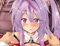  azur_lane blush collar collarbone commentary_request female grenville_(azur_lane) hair_between_eyes hands_on_another&#039;s_shoulder highres long_hair looking_at_viewer multicolored_hair one_side_up open_mouth out_of_frame outdoors pov pov_hands purple_hair red_eyes sidelocks solo_focus sweatdrop tonchinkan two-tone_hair white_collar 