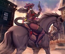  2020 ambiguous_gender anthro black_hair bridle clothed clothing cloud day detailed_background digital_media_(artwork) duo equid equine felid feline female feral hair horse knight_dd mammal outside reins riding saddle sky tack weapon western 