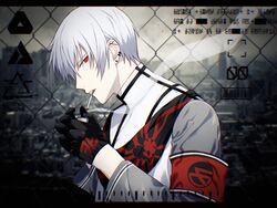  1boy armband bad_id bad_pixiv_id black_gloves chain-link_fence cigarette commentary earrings fence from_side general_(module) gloves harudou_(otiak) highres holding holding_lighter jewelry kaito_(vocaloid) lighter logo looking_at_viewer male_focus project_diva_(series) red_eyes sideways_glance smoke smoking solo unhappy_refrain_(vocaloid) uniform upper_body vocaloid white_hair 