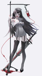  absurdres black_footwear black_hair blood breasts cleavage commentary_request female garter_straps hat high_heels highres holding horns lis_zhu_long long_hair looking_at_viewer medium_breasts nurse nurse_cap oni_horns open_mouth original red_nails simple_background single_bare_shoulder skindentation solo standing sword thighhighs weapon zettai_ryouiki 